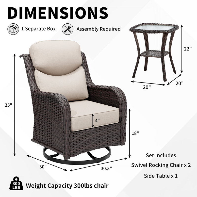 2-Person PE Wicker Outdoor Conversation Sets, 2 Swivel Chairs & 1 Side Table with Beige Cushions, Beige