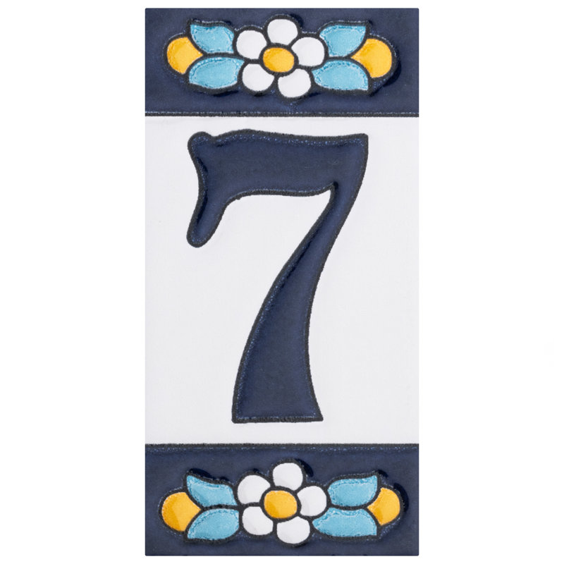 Sevillano 2.13" x 4.38" Ceramic Floral Address Number Wall Tile in White/Blue