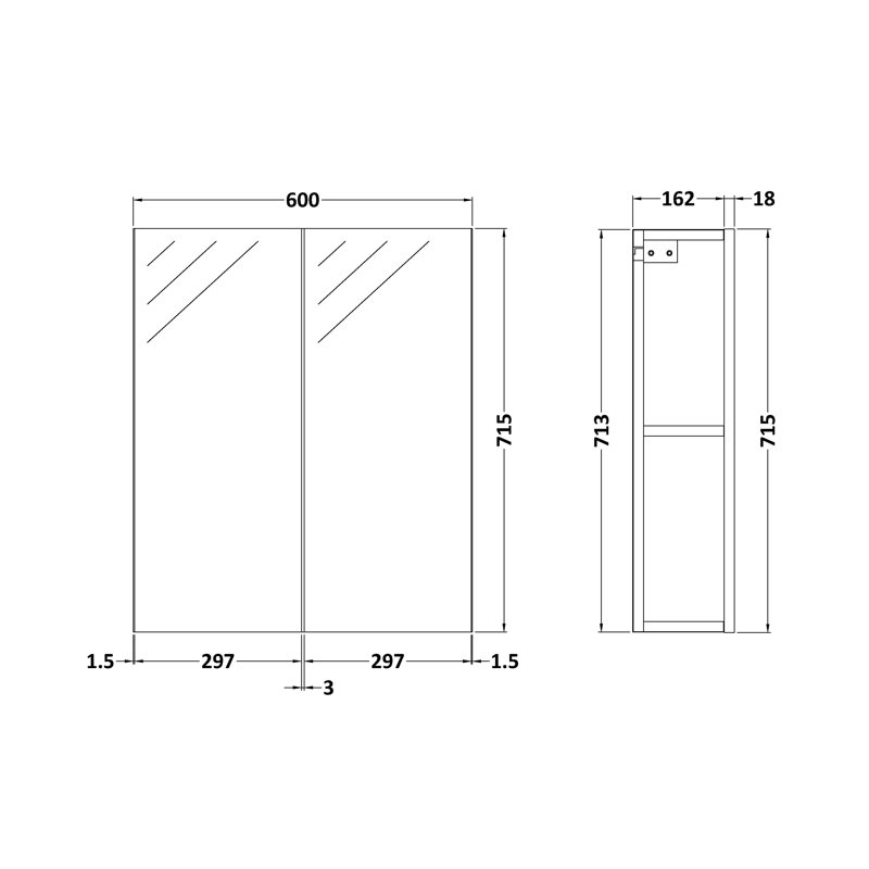 Arno 600mm W 715mm H Surface Frameless Medicine Cabinet Mirror 1 Fixed
