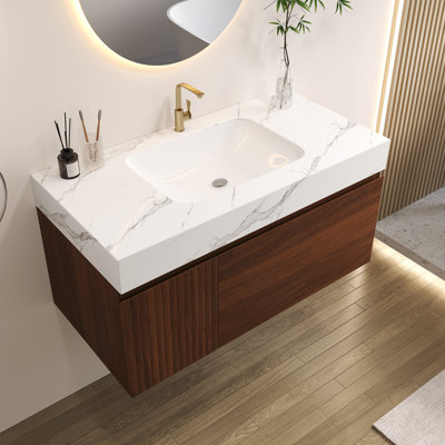 Meuble-lavabo suspendu de 91 cm (36 po) avec dessus en pierre frittée sans joint et lavabo en céramique – 1 tiroir à fermeture douce + 1 armoire, fixation murale