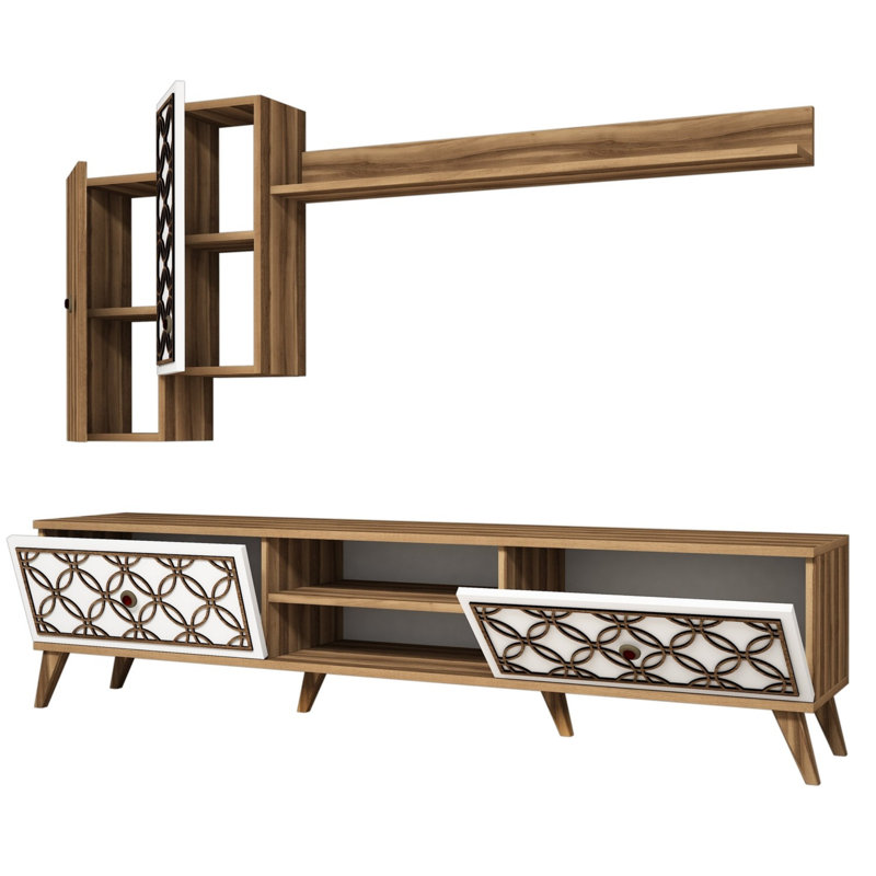 Modern TV Unit with Wall Shelf & Cabinets, Walnut & White, 70.9 x 17.3 x 13.8 inches | 100% Melamine Coated Particle Board, 0.7 inch Thickness | Geometric Design with Multiple Shelves & Wall-Mountable Feature