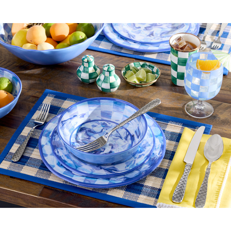 Blue Check Acrylic Water Goblets, Blue/Clear