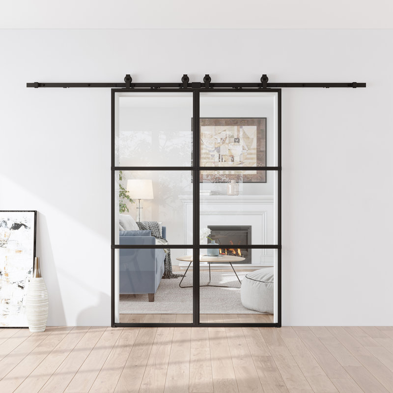Metal and Glass Sliding Double Barn Door with Installation Hardware Kit (Soft-close Included), 48" x 84", Clear Glass