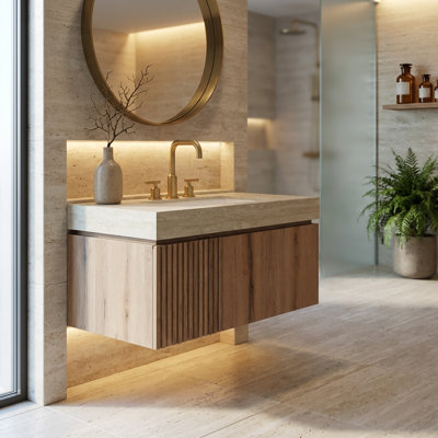 Ensemble de vanité suspendue de 91 cm (36 po) avec comptoir en pierre frittée et lavabo en céramique, comprenant un tiroir et une porte à fermeture amortie et une finition en chêne blanc veiné.