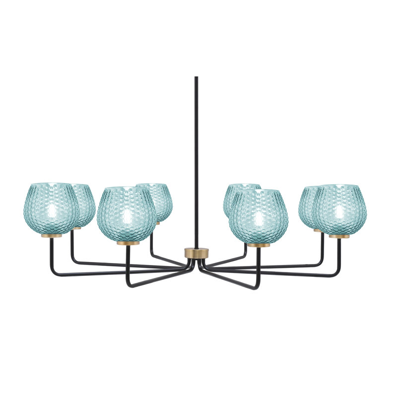 Lustre 8 lumières Amarmula, noir mat et laiton vieilli, verre texturé turquoise 6 po, Sarcelle, Noir/laiton