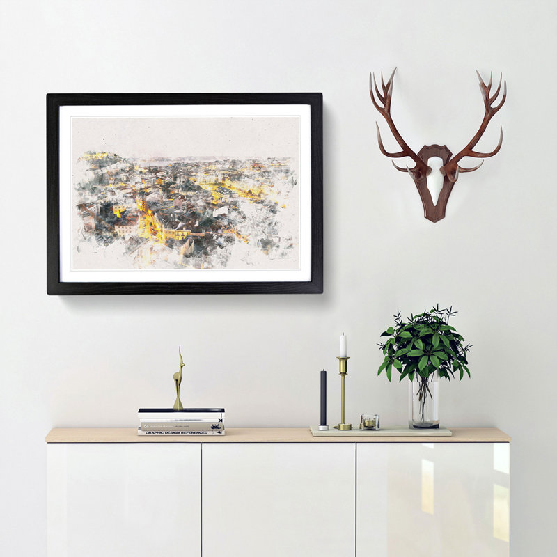 Lisbon Portugal Watercolour - Picture Frame Graphic Art Print, Black Framed, 33cm H x 45cm W x 2cm D