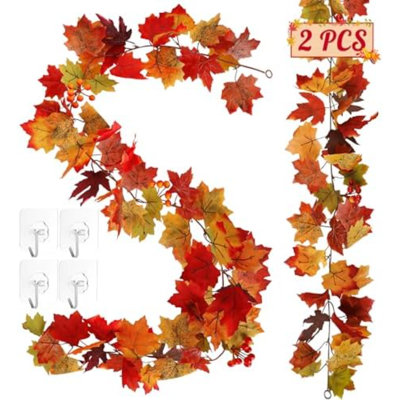 Fall Decoration For Home, 2 Pack Artificial Fall Garland, Realistic Fall Leaves Garland, Thanksgiving Garlands Indoor, Colorful Leaves Autumn Garlands For Fall Harvest Thanksgiving Decorations
