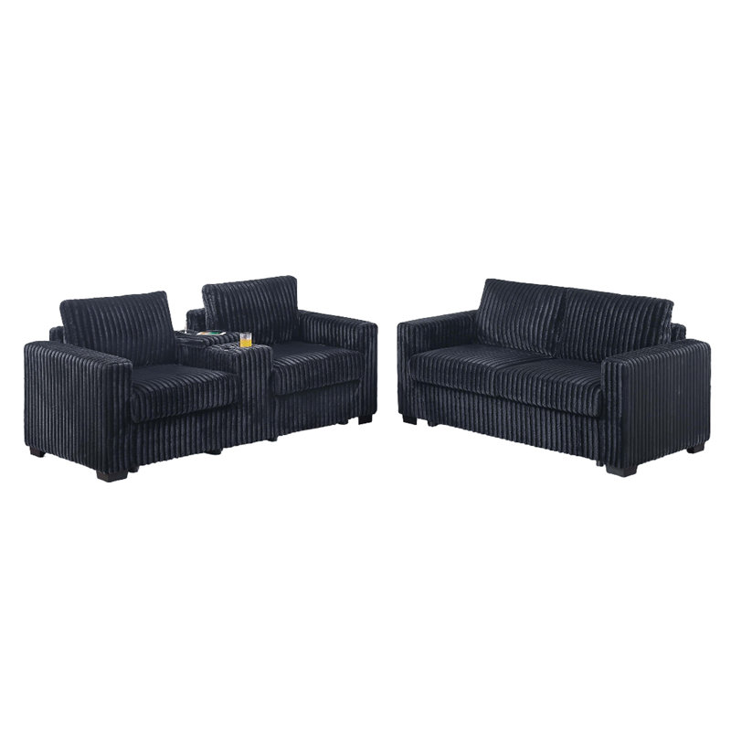 Ensemble de canapés 2 pièces de style moderne 1X Canapé 1X Causeuse Coussin de dossier Pieds en plastique Porte-gobelets Port de charge Rembourrage en velours côtelé Salon principal