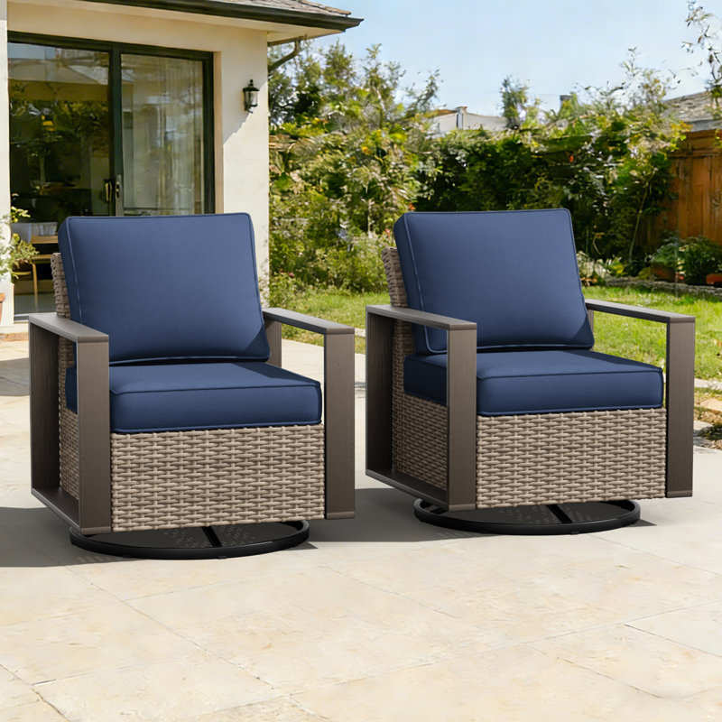 Ensemble de 2 chaises pivotantes 360 ° en osier avec coussin bleu, Bleu