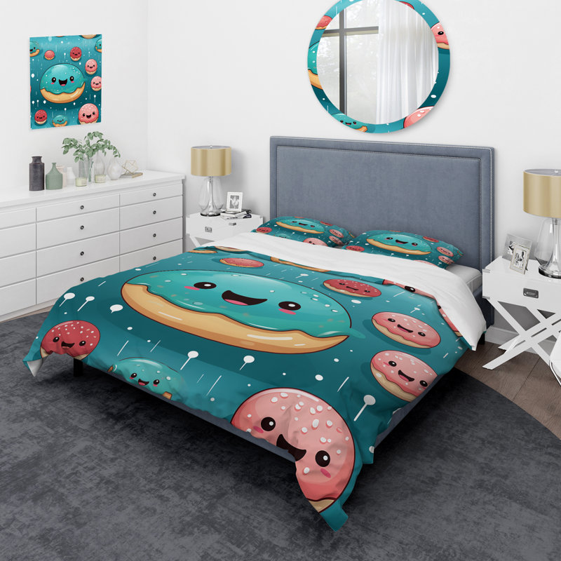 Ensemble de housse de couette rose et bleu Donut Kithchen, Housse de couette simple + 1 taie décorative stan