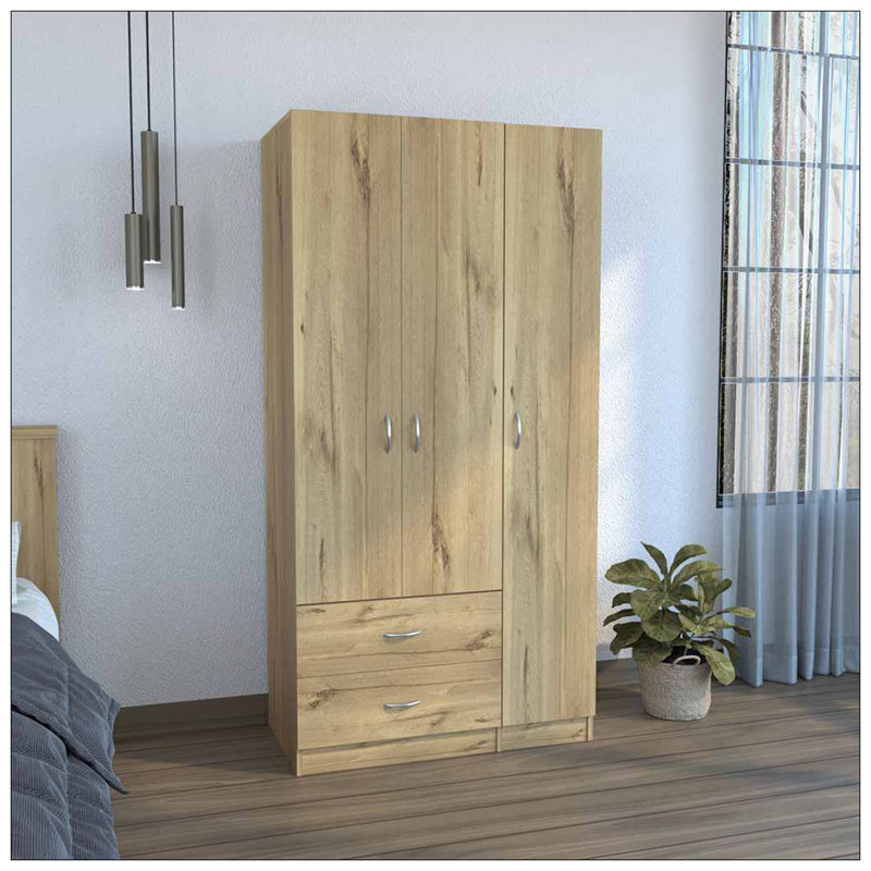 Armoire 3 portes avec tiroirs, tablettes et barre de suspension austral, Beige