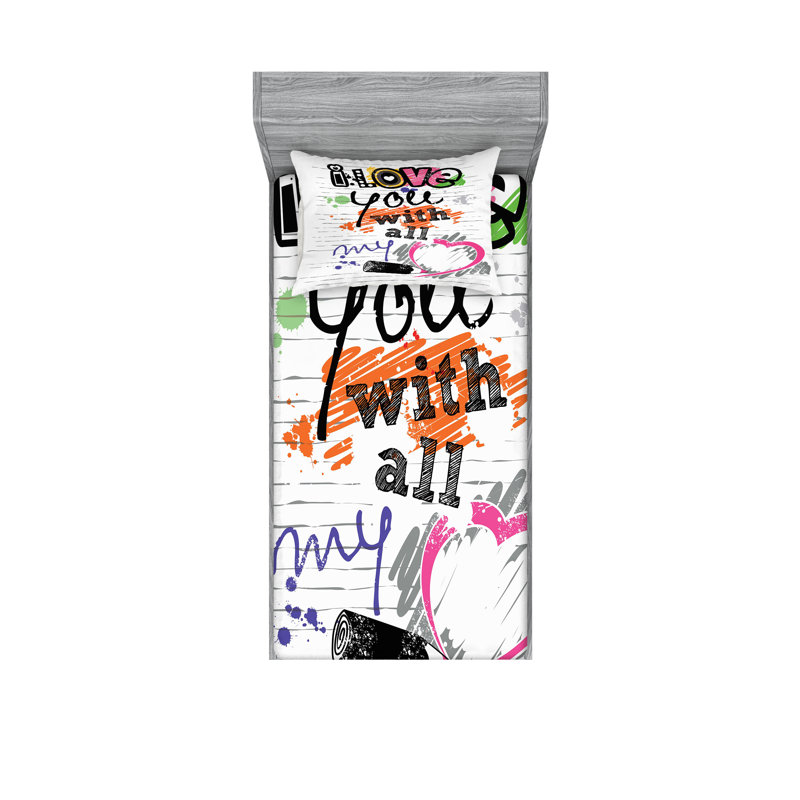 Multicolore drap-housse et coussin décoratif Ambesonne I Love You, Ensemble de draps pour lit simple + 3 pièces supp