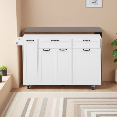 102.3" Kitchen Island With Extendable Dining Table, Kitchen Rolling Island Cart With Trash Storage Cabinet, 3-Tier Pull-Out Spice Rack