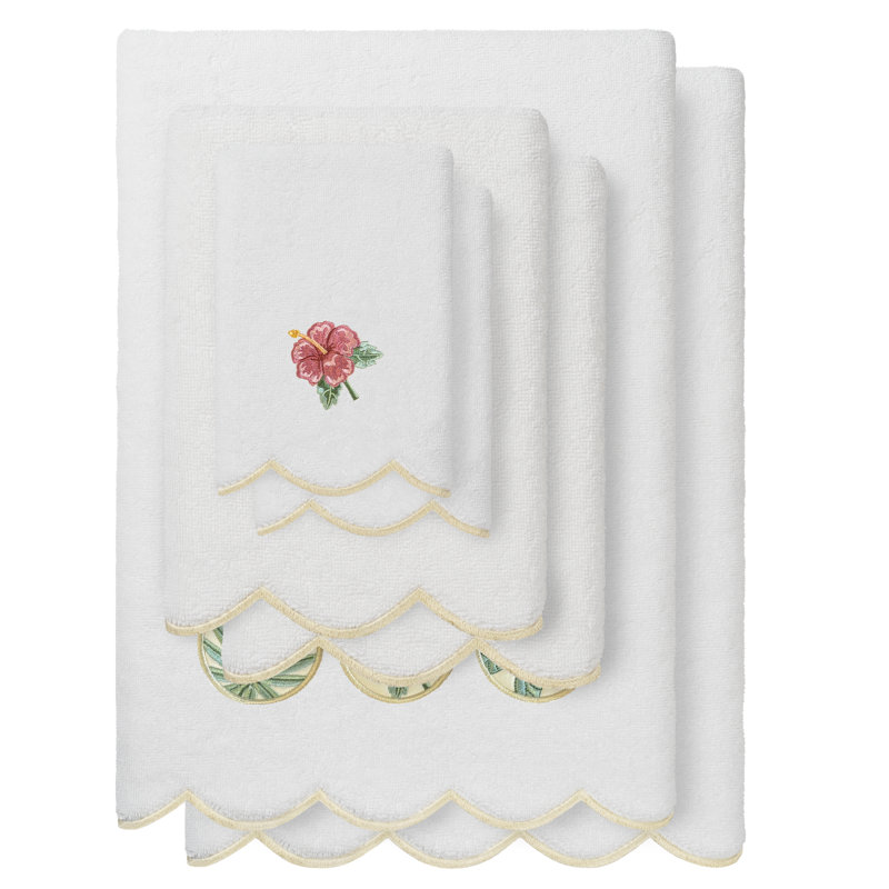  100% Turkish Cotton MAUI Scallop 6PC Embellished Towel Set, White/Beige, 6 Piece Towel Set