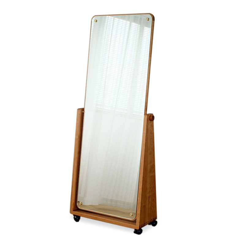 Retro Minimalist Solid Wood Frame Movable Rotating Full-Length Mirror, Cherry