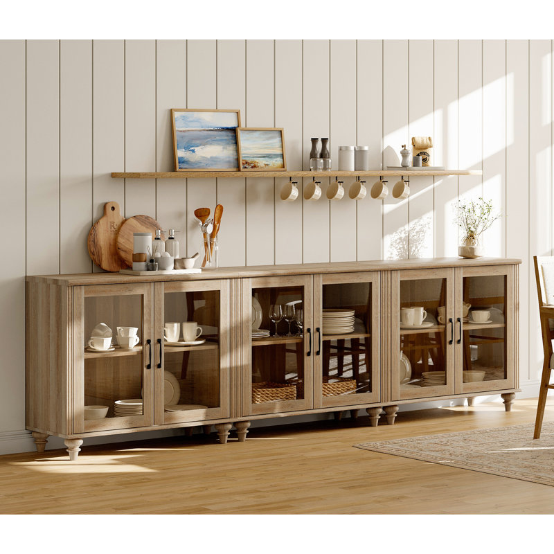 Buffet Corretta avec 6 portes en verre, armoire Buffet avec tablette réglable, Chêne