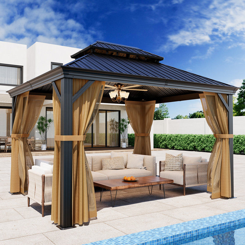Patio Hardtop Double-Roofed Metal Patio Gazebo Multiple Sizes, 126" W x 144" L, Dark Gray