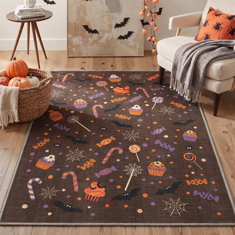 Tapis d'Halloween à motifs de bonbons et de chauves-souris, brun/orange, lavable à la machine, à poils courts, antidérapant