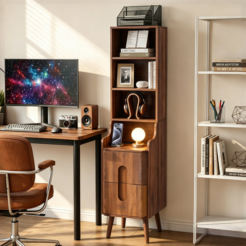 Table de chevet de 54 po de hauteur avec station de charge, 2 tiroirs, 3 tablettes de rangement ouvertes, Brun