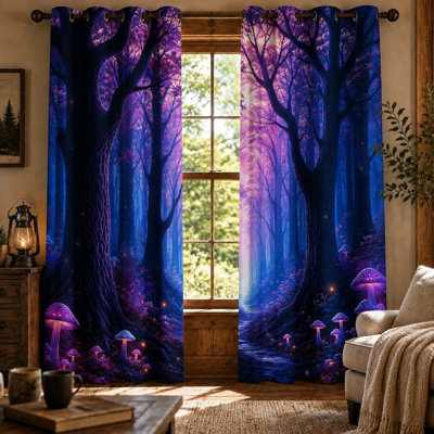 Lot de 2 rideaux Forêt Enchantée, imprimé champignons magiques des bois, occultants et thermiques, avec un motif d'arbre fantastique et vibrant. Isolation thermique et occultante pour le salon et la chambre à coucher.