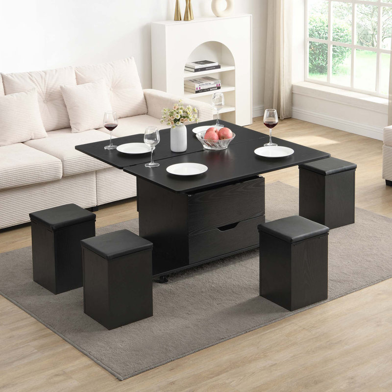 Table basse multifonctionnelle à plateau relevable avec rangement caché et tabourets, Noir