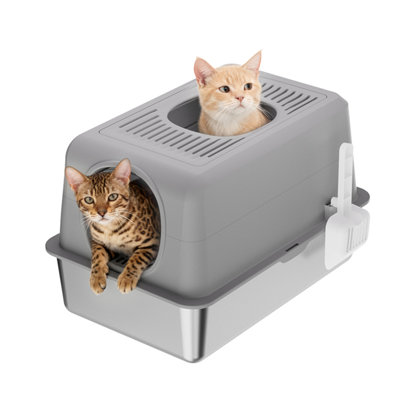 Très grand bac à litière fermé en acier inoxydable pour chat - côtés hauts, double entrée (avant et haut), résistant aux odeurs, anti-fuites, bac antiadhésif facile à nettoyer, couvercle amovible et pelle pour chat pour gros chats, gris