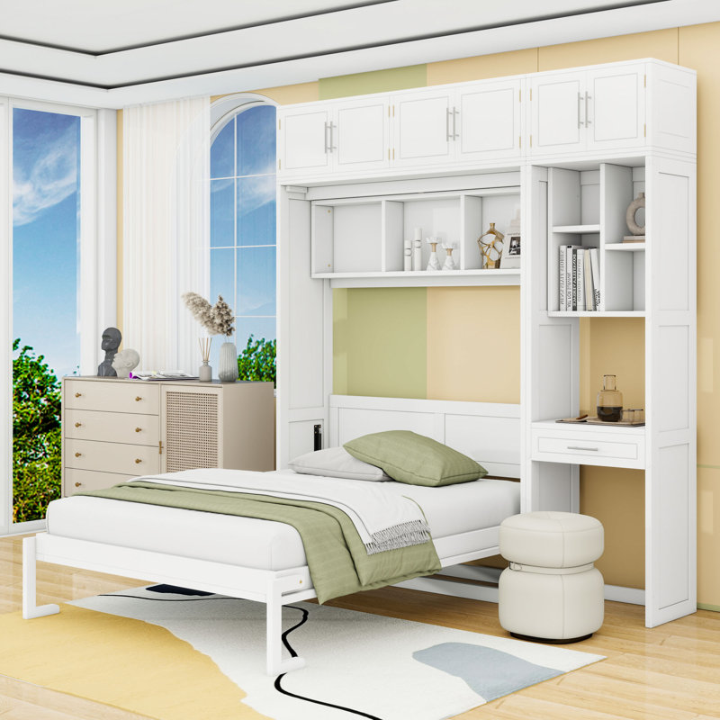 Lit escamotable avec bureau, armoire et tablettes Murphy, Double, White