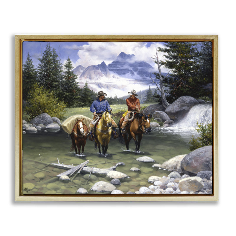 "Travelling Cowboys in Stream", art mural encadré par Jack Sorenson, H 17 po x l 21 po, Cadre flottant métallique doré