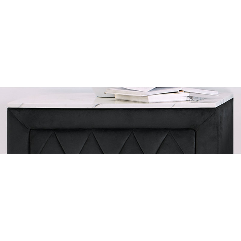 1Pc Faux Marble Top Nightstand 2- Drawers Storage Gray Finish Button Tufted Faux Crystal Tufted