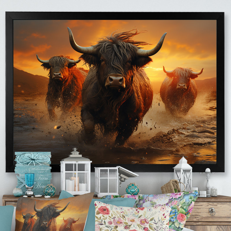 «Expressionist Yaks Horizon I» sur toile, H 34 po x l 44 po x P 1,5 po, Cadre simple noir