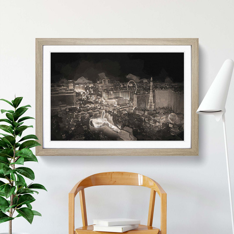 Las Vegas Skyline at Night in Abstract - Picture Frame Graphic Art Print, Oak Framed, 48cm H x 65cm W x 2cm D