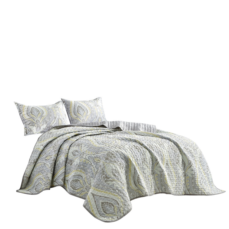Ensemble de couvre-lit en microfibre gris / jaune / brun 3 pièces, Couvre-lit grand + 2 taies décoratives