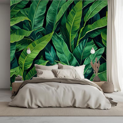 Tropical Banana Leaf Wall Mural – Lush Oversized Jungle Foliage Wallpaper in Deep Emerald & Dark Green Tones