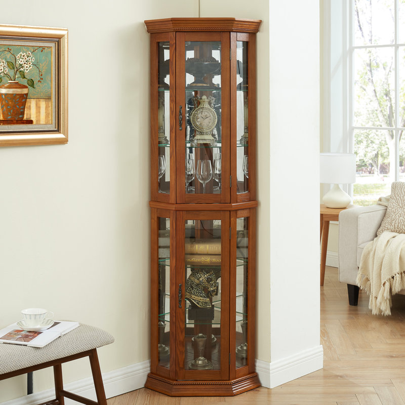 Armoire de coin en chêne avec tablettes réglables en verre et étagère gracieuse vintage