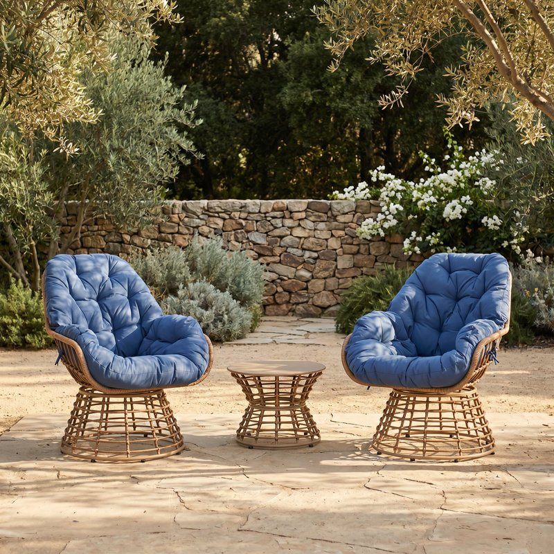 Chaises longues pivotantes en osier pour 2 personnes avec table d'appoint ronde et coussins, Bleu