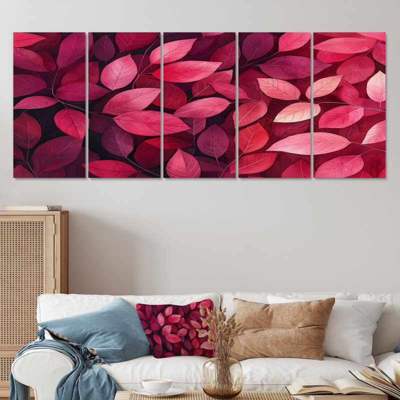 Crimson Leaves Dancing Ros I - Feuilles - Art mural traditionnel pour le salon, H 28 po x l 60 po, 5