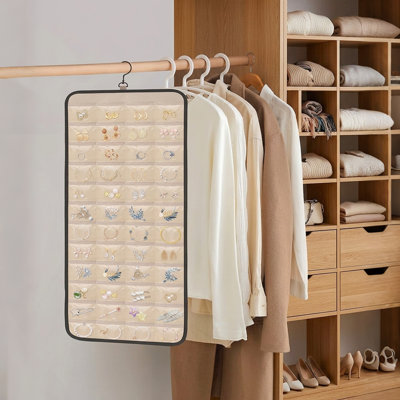 Double Sided Hanging Jewelry Organizer, 48 Pockets & 21 Hooks for Rings, Earrings, Necklaces, Hang on Closet Wall Door