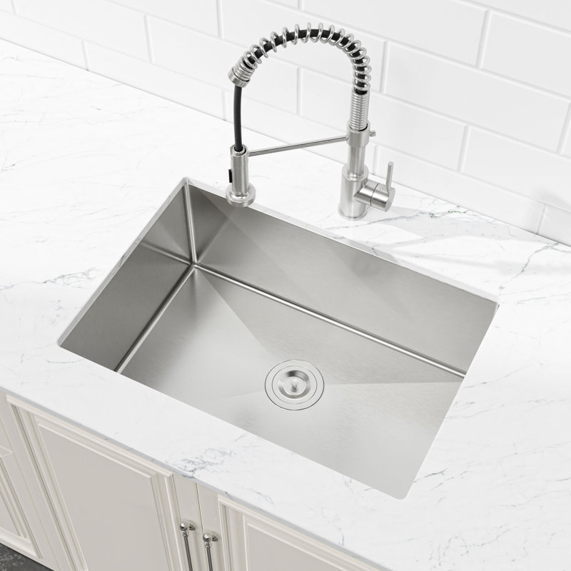 Évier de cuisine en acier inoxydable à simple cuve moderne avec drain, crépine, 27" x 19" x 10", Brushed Nickel