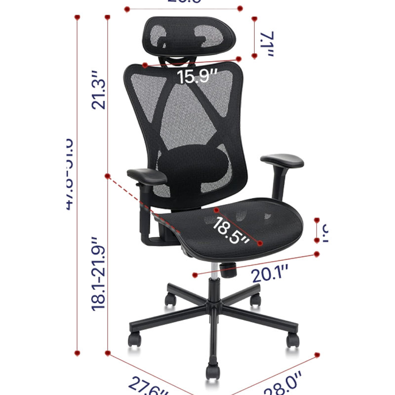 Fauteuil de bureau ergonomique avec fabrication en filet - lombaire réglable, accoudoirs, idéal pour les bureaux ergonomiques à la maison