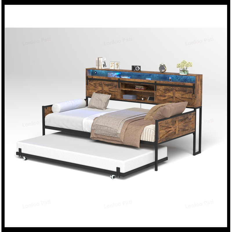 Twin Daybed with Trundle, Sliding Barn Door Headboard, Charging Station & LED Light for Rustic Bedroom Decor