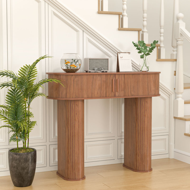 39.37'' Console Table, with 3 Storage and Sliding Doors Accent Tables for Entryway, Walnut