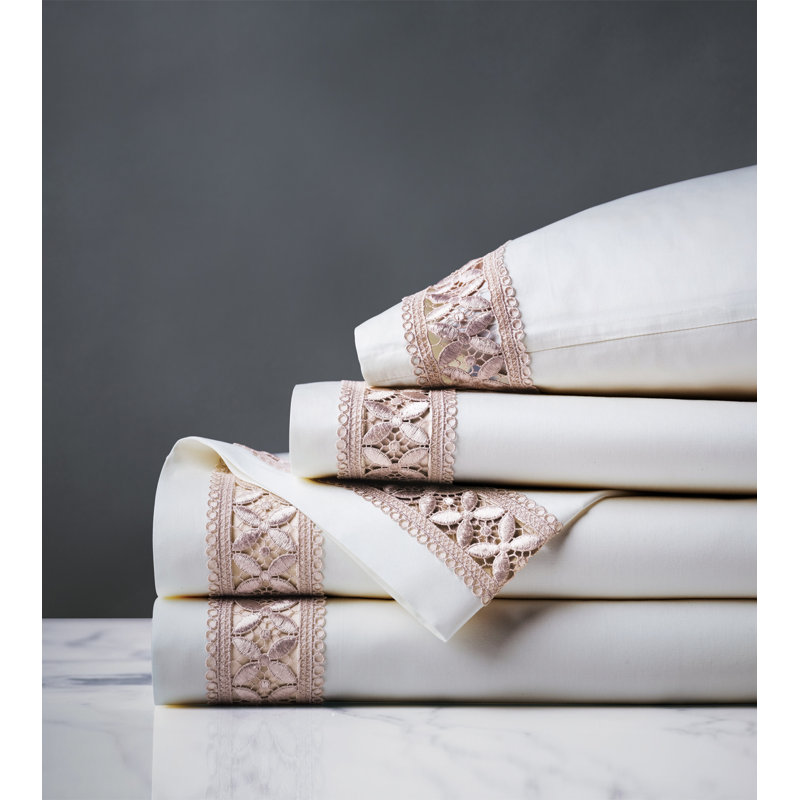 Juliet Egyptian Cotton Sateen Sheet Set, King, White/Fawn
