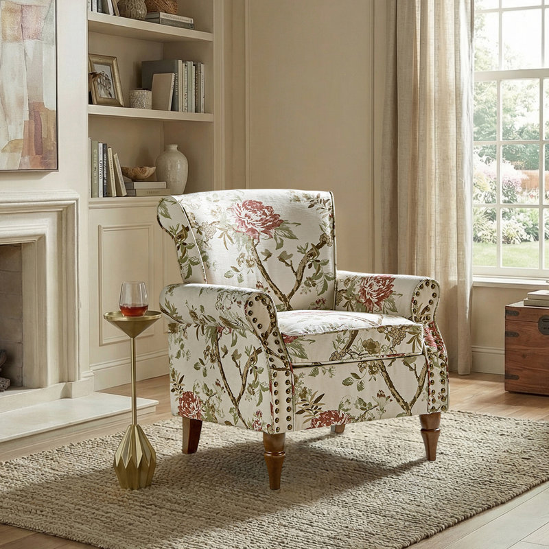Fauteuil Asul avec garniture cloutée, Velours floral