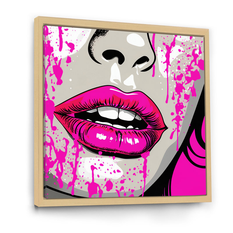 Popart sensuel, lèvres roses sur toile, H 24 po x l 24 po x P 1 po, Cadre naturel flottant