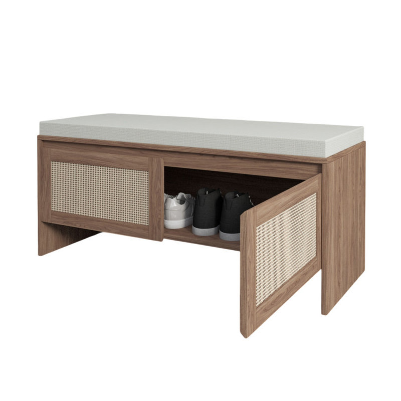 PP Rattan Storage Bench with Cushion, Faux Rattan Shoe Cabinet with 2 Doors, Mid-Century Modern Wood Entryway Seat, for Bedroom, Hallway, Mudroom, Natural Finish