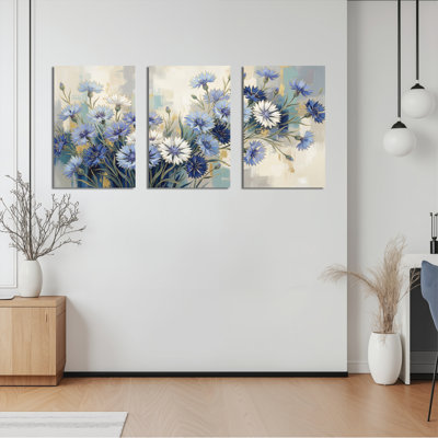 Blue Cornflower Floral Canvas Wrapped Wall Art Set Of 3 For Living Room Bedroom Decor