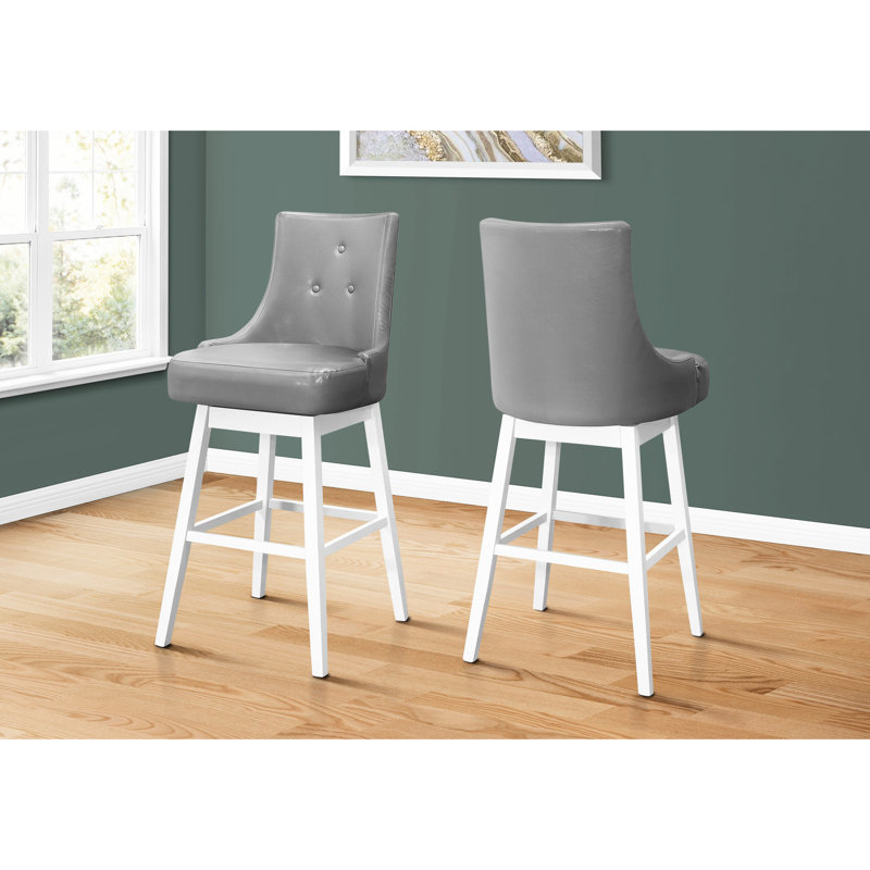 2, mécanisme pivotant, hauteur du bar, fabrication en bois blanc, coussin gris, tabouret enchanteur