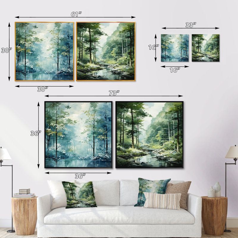 Tranquil Shadows Green Forest - ensemble de 2 carrés de forêt, H 16 po x l 33 po, Toile tendue