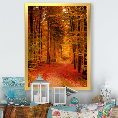 Chemin à travers la forêt d'automne rouge - reproduction d'art sur toile traditionnelle