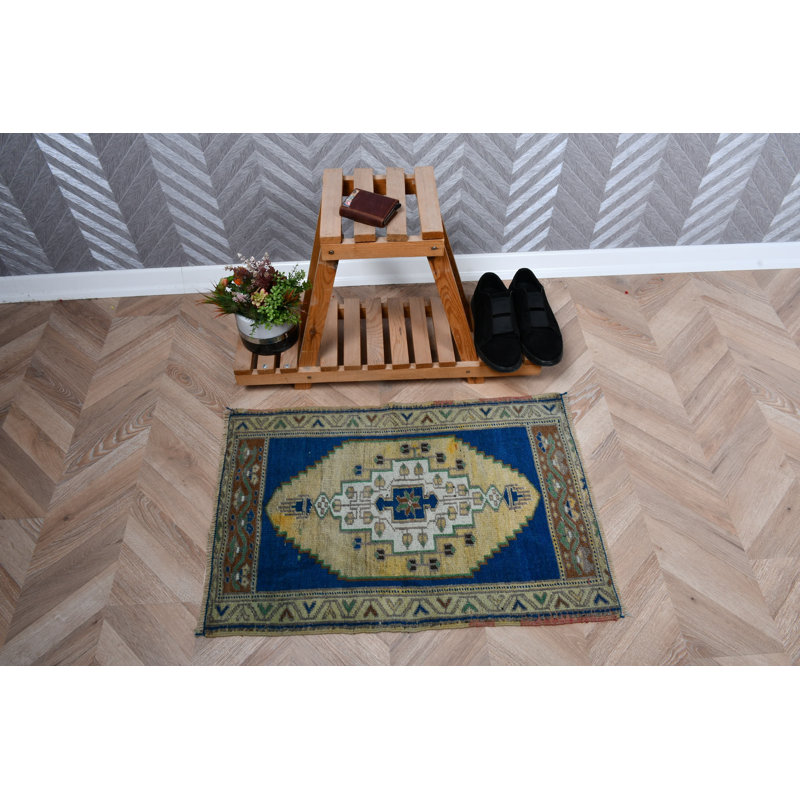 Petit tapis turc en laine Anatolian rétro vert riche, idéal pour les espaces d'entrée ou de salle de bain